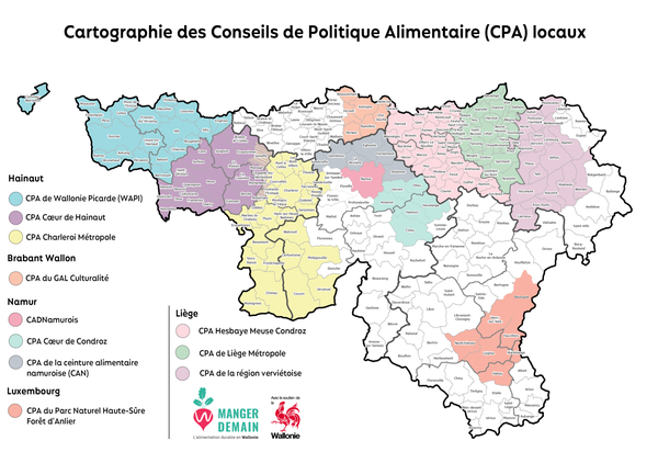 Texte de substitution de l’image : Carte de la Wallonie affichant le territoire concerné par chacun des 11 Conseil de Politique Alimentaire (CPA) locaux actifs sur la région.
